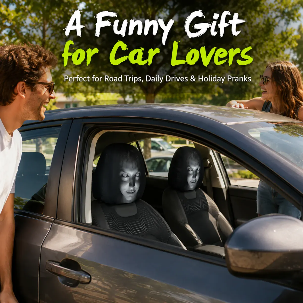 Friends laughing at a car fitted with spooky covers