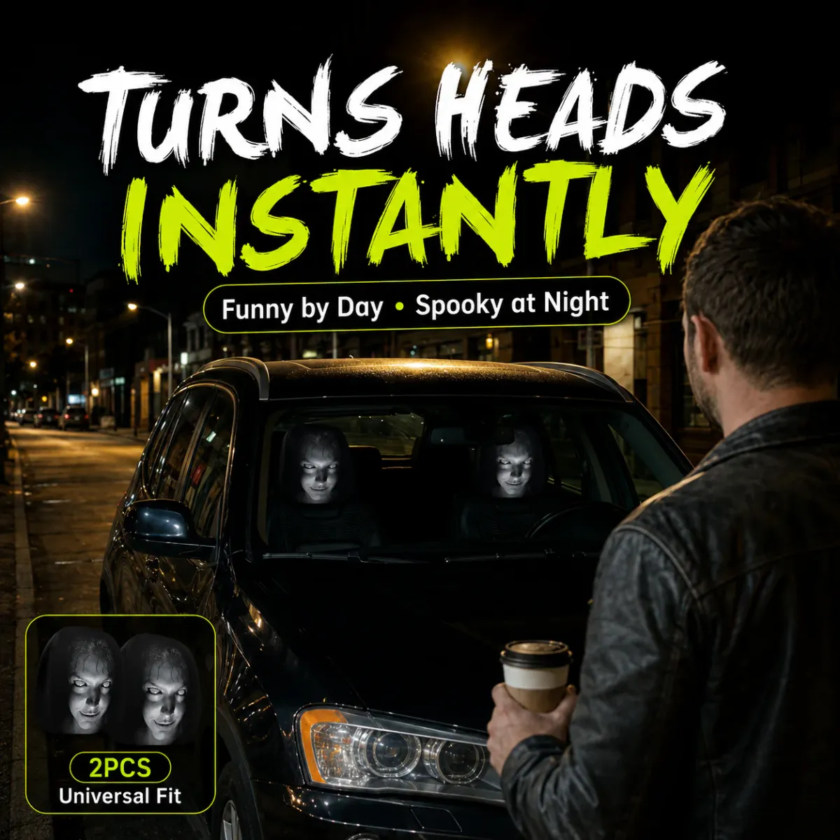 Car parked at night with spooky faces in the front seats